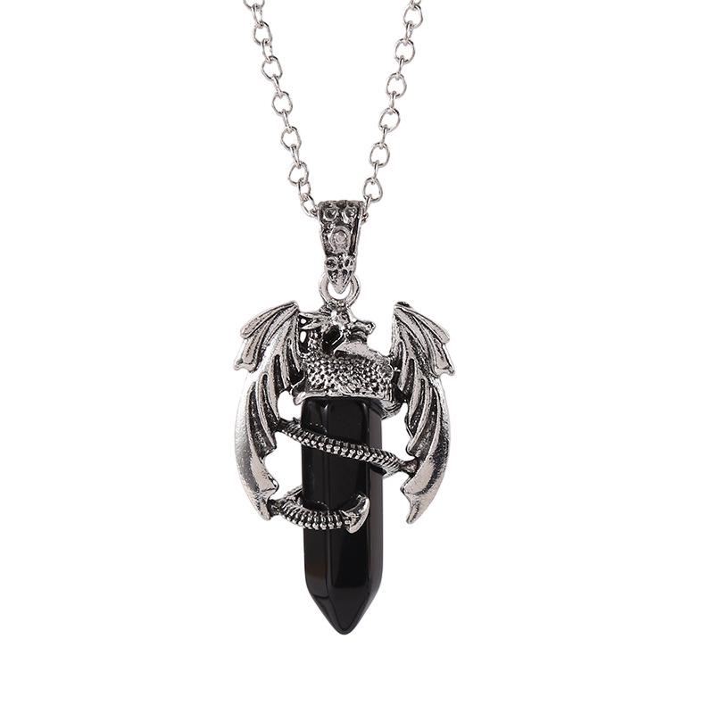Vintage Flying Dragon Pendant Necklace with Amethyst, Rose Quartz, and Tiger Eye Gems