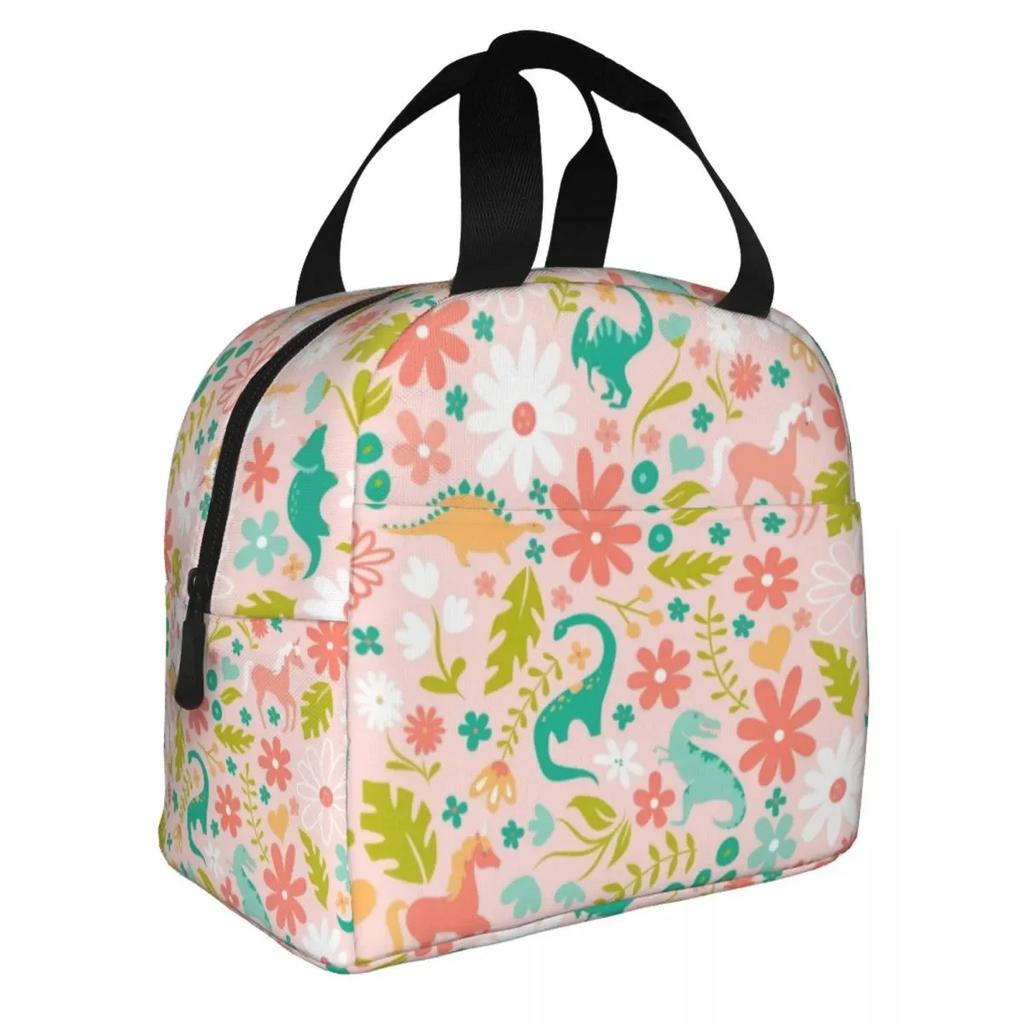 Cartoon Dinosaur Print Thermal Insulated Lunch Bag Women Portable Lunch Tote for Outdoor Camping Travel Multifunction Food Box