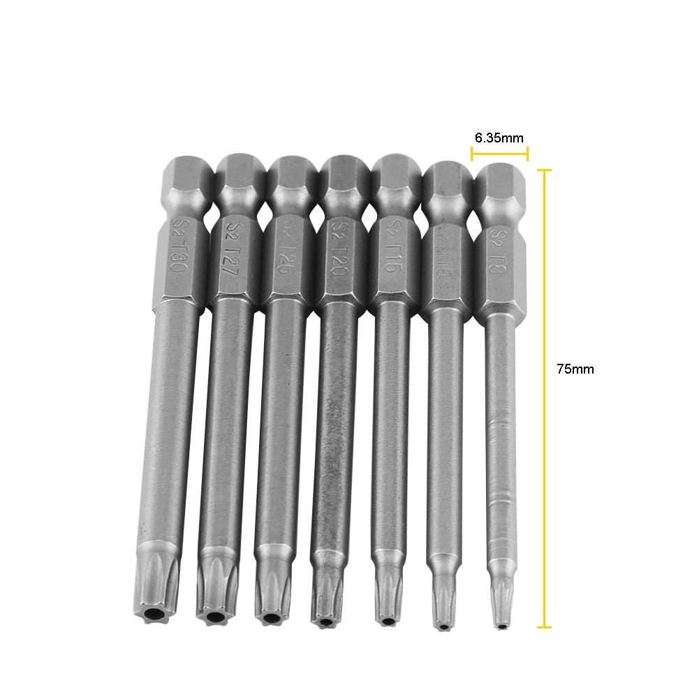 7pcsset S2 Steel 75mm 14 Inch Hex Shank T 8T30 Magnetic Security Star Screwdriver Bits