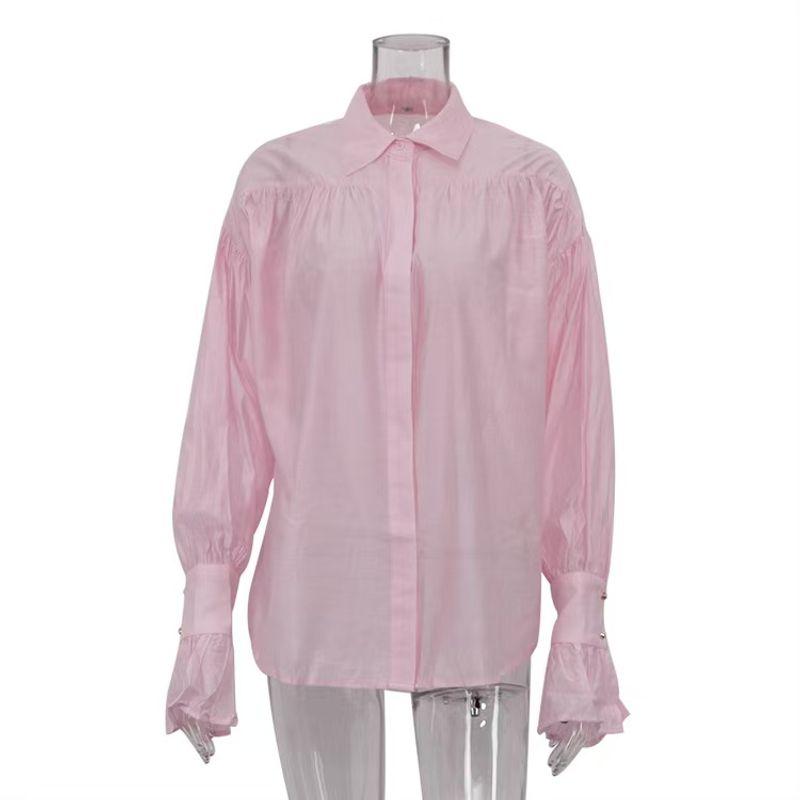 

Western Style New Elegant Loose Lapel All-Match Long sleeve Shirts Loose Flared Sleeve Shirt Pink S