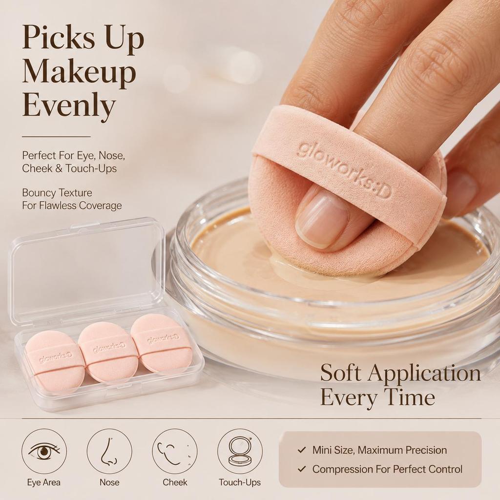 Gloworks Portable Finger Makeup Puff Set (3 PCS) with Case for Precise Makeup Application