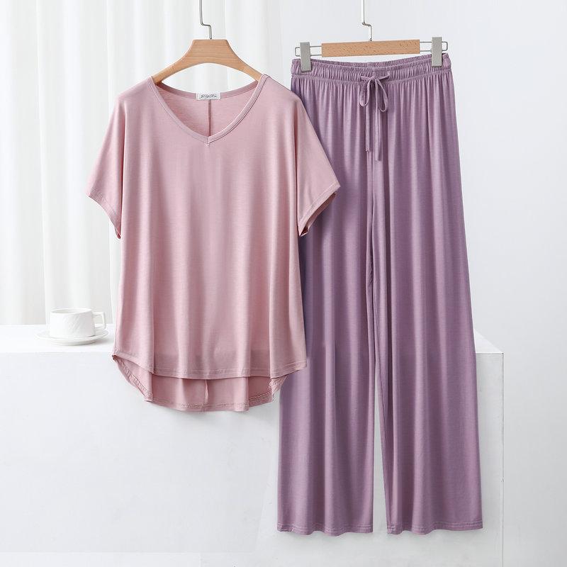 Summer Modal Homewear 2 Piece V-Neck Short Sleeve Tshirt and Wide Leg Pant Ankle Length Loose Sleepwear Set Comfort Pajama Sets