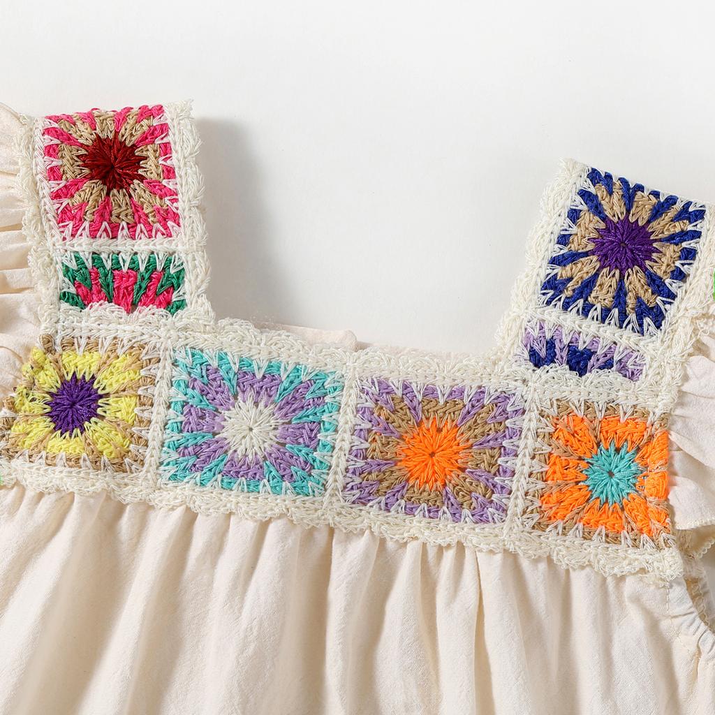 Baby Girl Summer Romper Fly Sleeve Square Neck Crochet Flower Bodysuit Newborn Playsuit