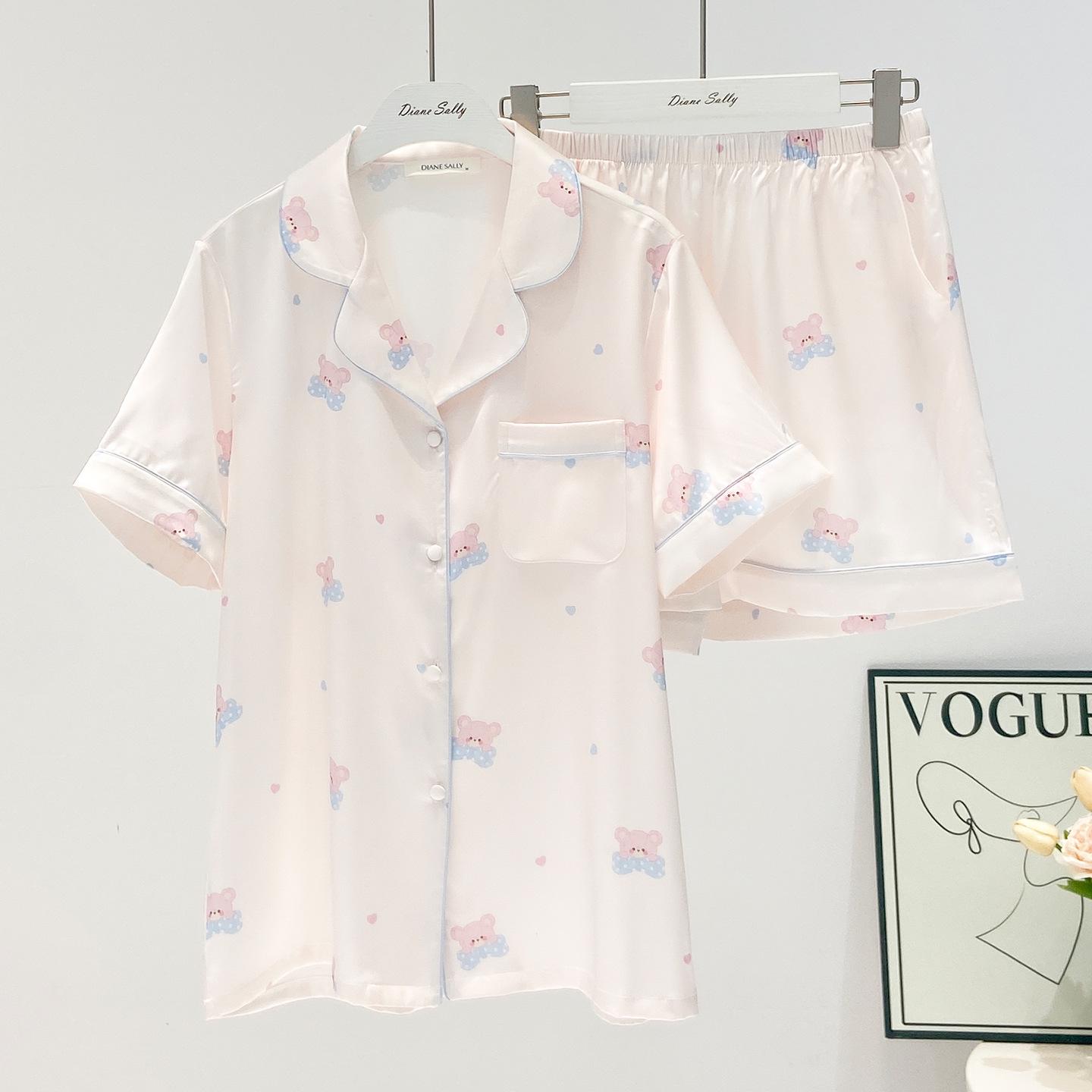Women s Cute Cartoon Print Ice Silk Pajamas with Lapel and Short Sleeves for Spring/Summer Medium нежно-розовый