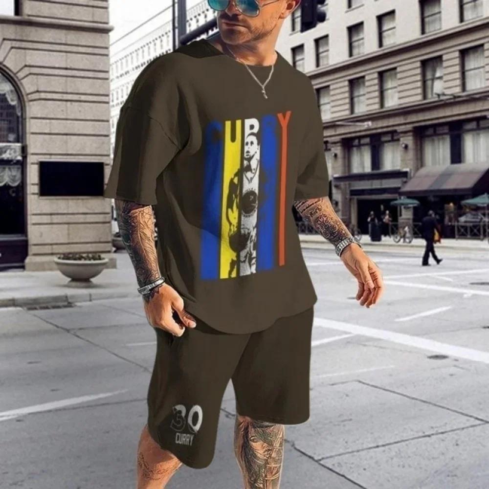 Men's Casual Sports Set Short Sleeve and Shorts Two-Piece Fashion Geometric Pattern Summer Daily Wear Comfortable Breathable