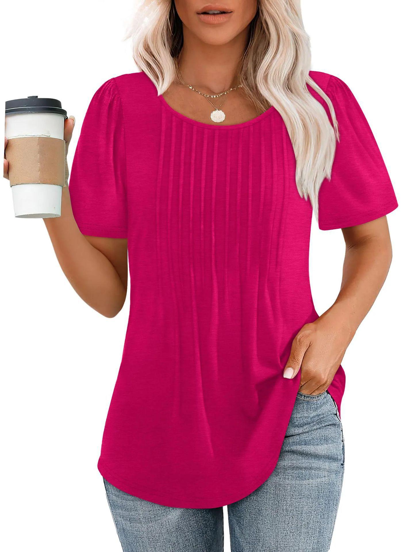 Women Loose Pleated Short Sleeve Round Neck T Shirt S красный