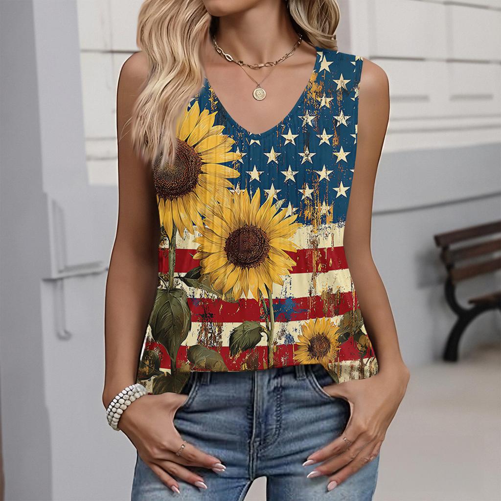 Women's Fashion Casual American Independence Day Flag and Stars Print V-Neck Ruffled Sleeveless T-Shirt Top