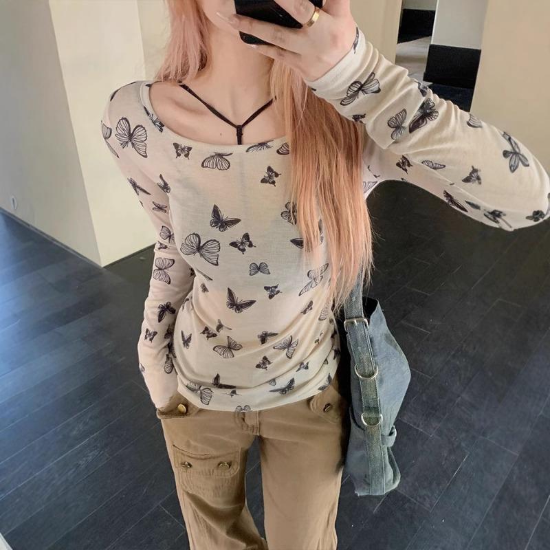 Autumn Winter O Neck Butterfly Printing Long Sleeve Bottomed T-shirt Women Long Sleeve Slim Tee Pullover Top