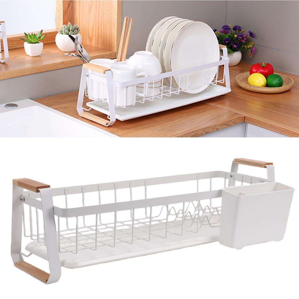 Dish Rack and Drain Board Kitchen Plate Cup Dish Drying Rack Tray Cutlery Dish Drainer with Wood Handle