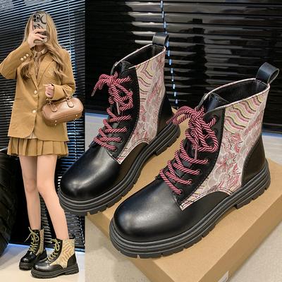 2024 New Autumn Thick-soled Single Boots for Women Fashionable Round Toe Printed Stitching Front Lace-up Comfortable Short Boots