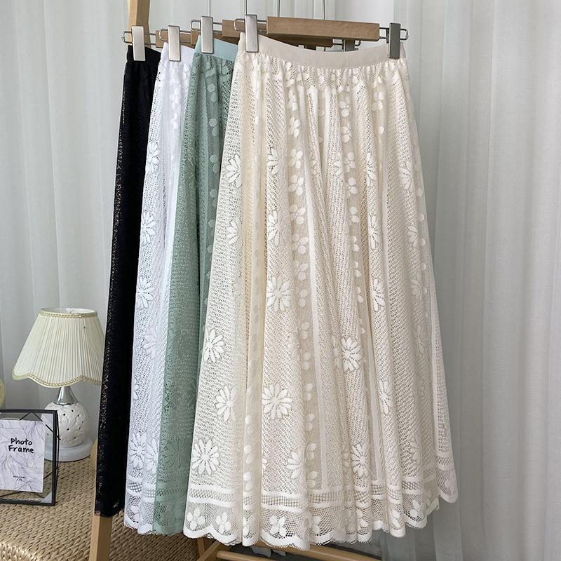 Frühling Neue Stil frauen High-taille Spitze Gehäkelte Hohl Mid-länge Große Schaukel A-linie Regenschirm Rock Rock langen Rock