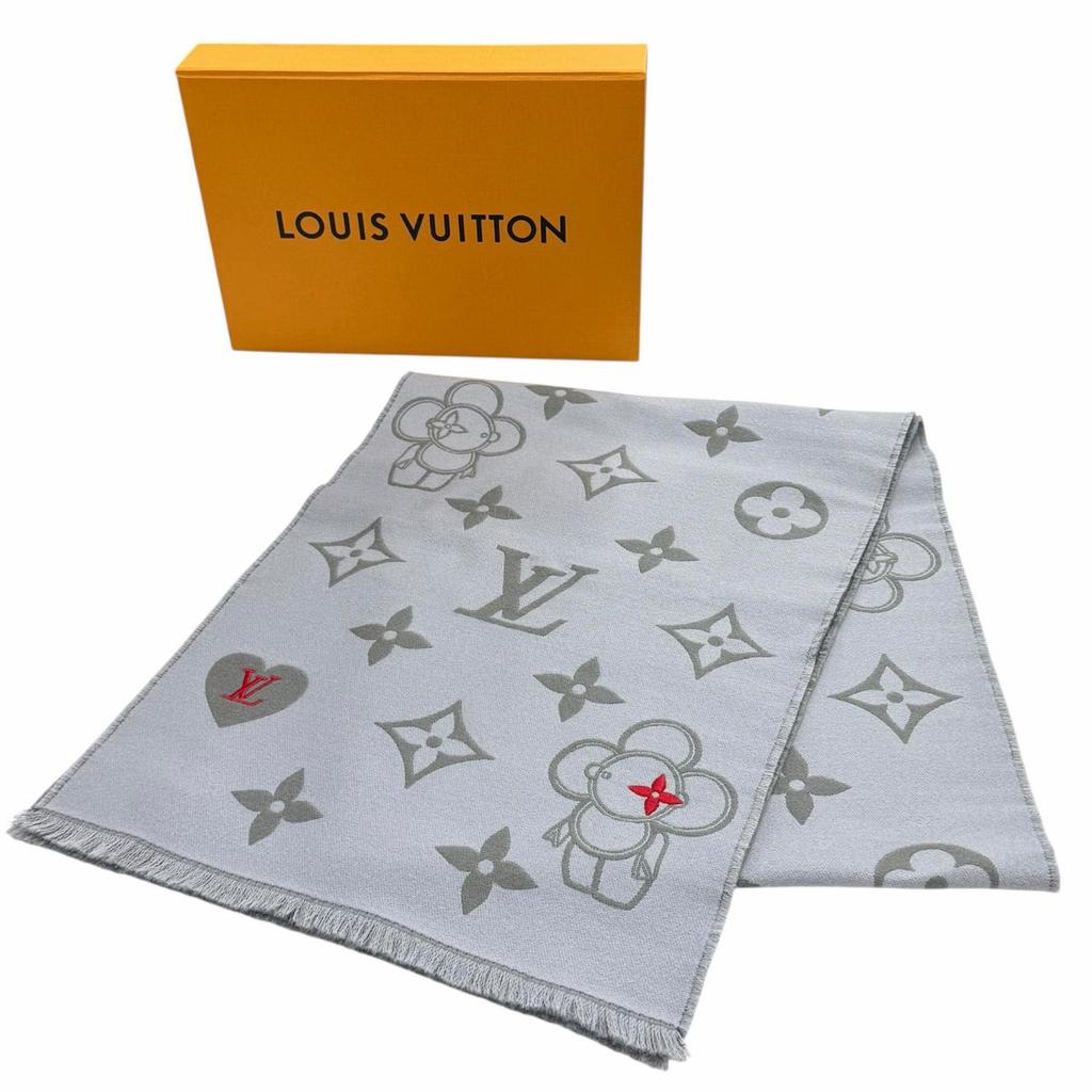 Excellent LOUIS VUITTON Scarf Vivienne CVD With fringe gray wool Women M79124 Used