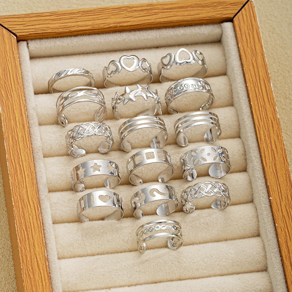 16Pcs/Set Creative Adjustable Toe Rings for Women Simple Silver Color Hollow Out Heart Star Foot Rings Set Fashion Jewelry Gifts