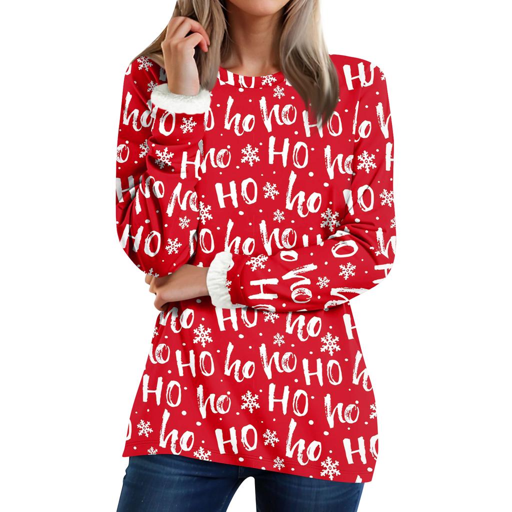 Kadın Yuvarlak Yaka Üst Baskılı Kalınlaştırılmış Peluş Kaşmir Sıcak Uzun Üst