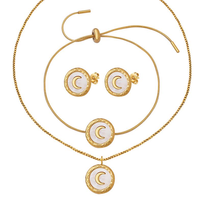 Women's Titanium Steel Jewelry Set: Crescent Moon Necklace, White Shell Earrings, and Non-Fading Bracelet.