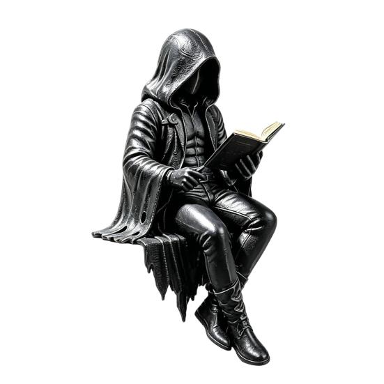 Yousheng Gothic Dark Fantasy Figure, Reading Hooded Grim Reaper Statue, Halloween Resin Sitting Skeleton Figurine for Bookshelf Home