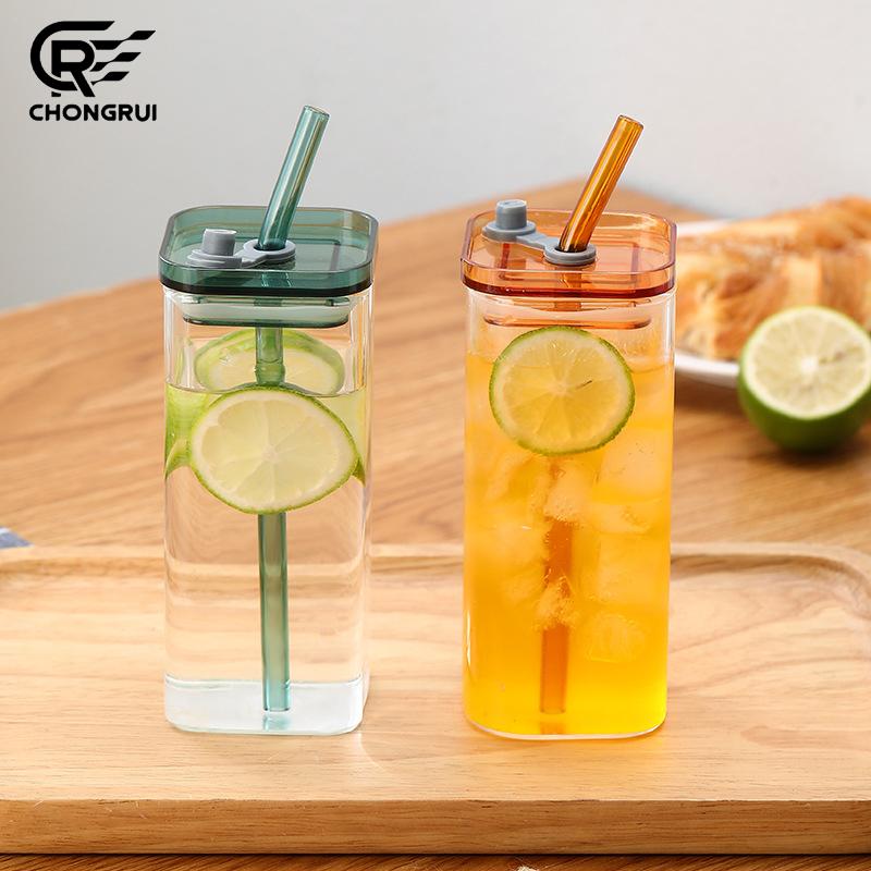 Tasse à café/thé en verre carré 350 ml, bouteille à paille en verre borosilicaté résistant à la chaleur, avec couvercle, paille et brosse de nettoyage