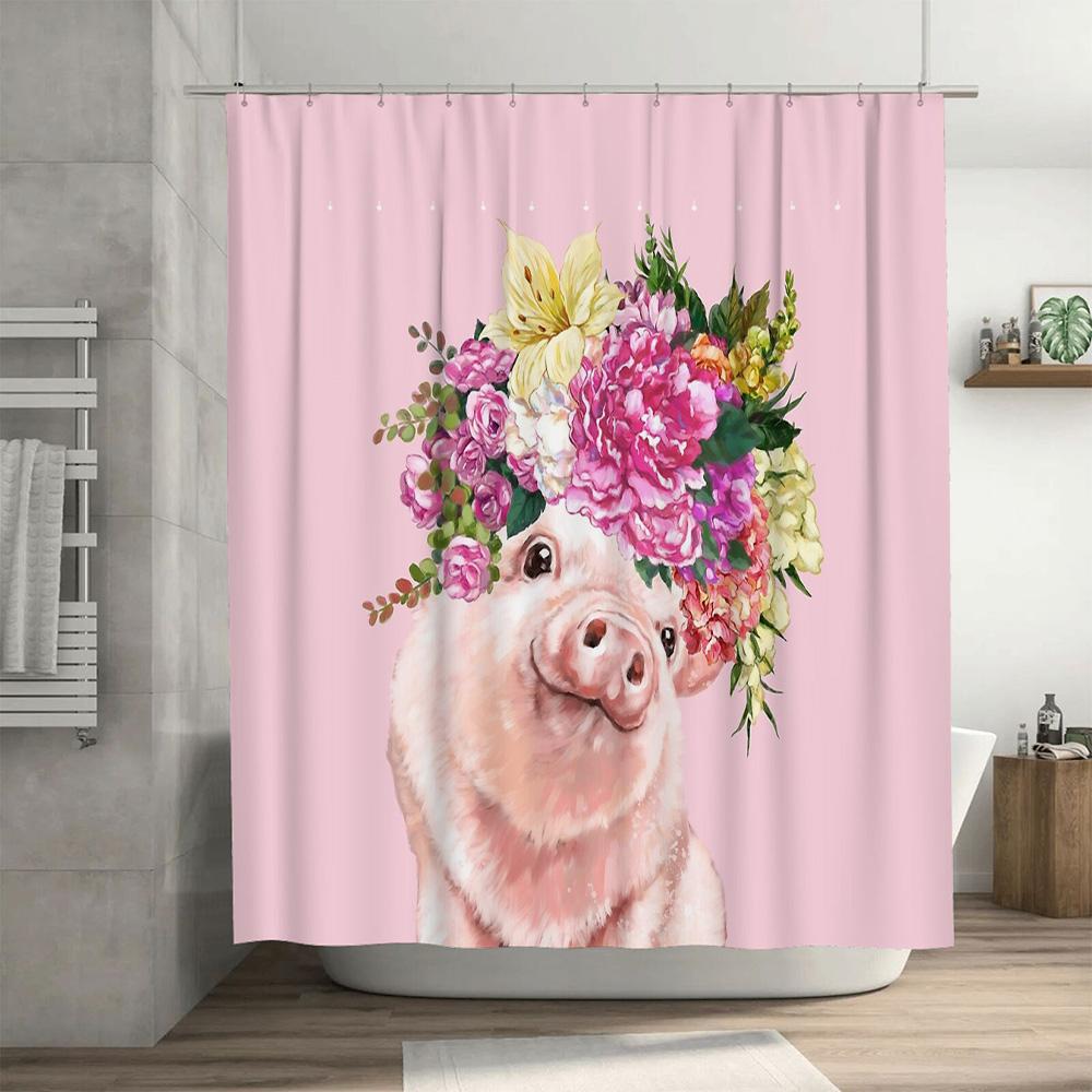 Cute Pig Shower Curtain Farmhouse Bathroom Decor Floral Animal Pattern Waterproof Fabric Washable Liner