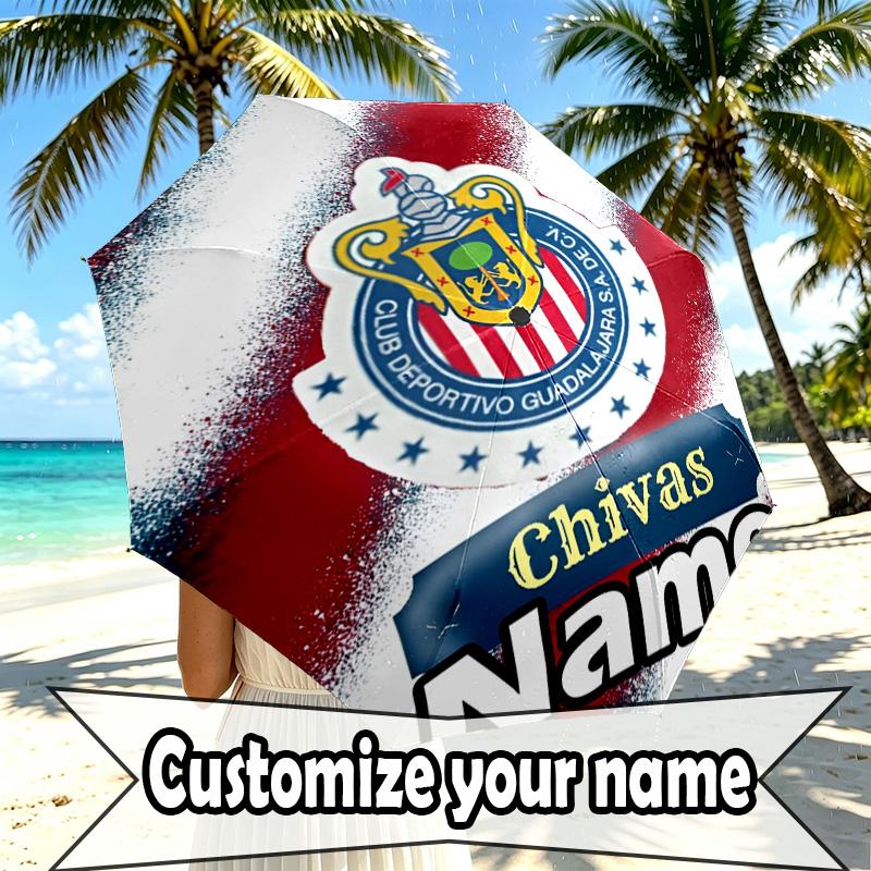 Custom Name Personalized Club Deportivo Guadalajara Print Umbrella, Auto Open Close, 8‑Rib Sturdy Frame, Commute Camping Hiking Use, Birthday Gift
