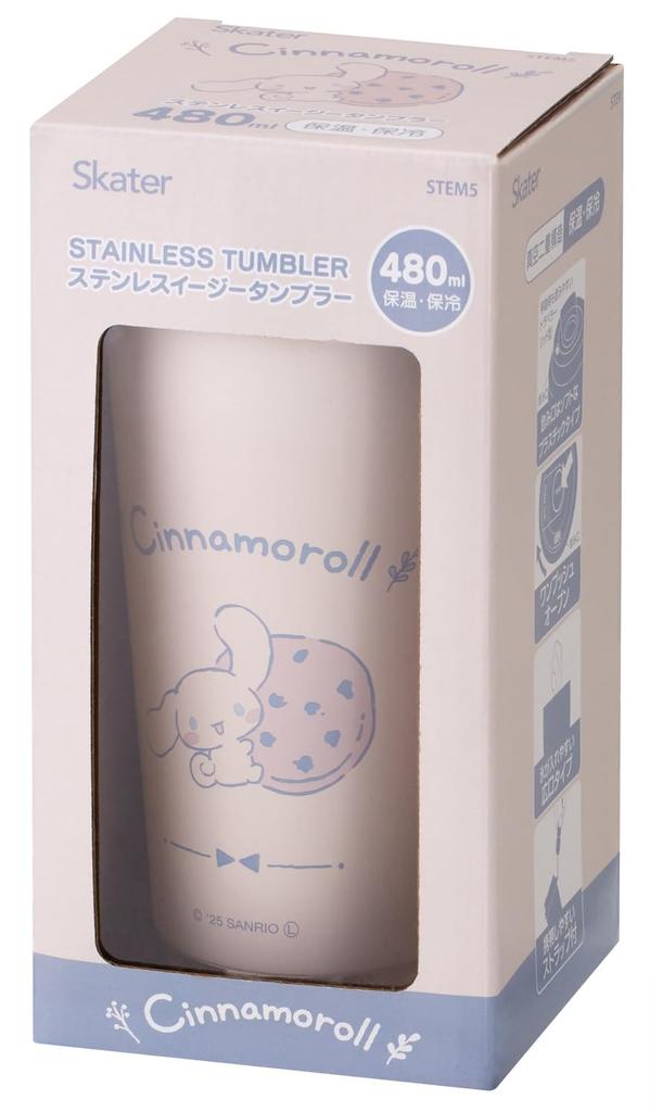 Skater Stainless Steel Easy Tumbler Double Vacuum 480ml, Thermal/Cold Insulation, Wall, Sanrio, Cinnamoroll, Natural, STEM5-A