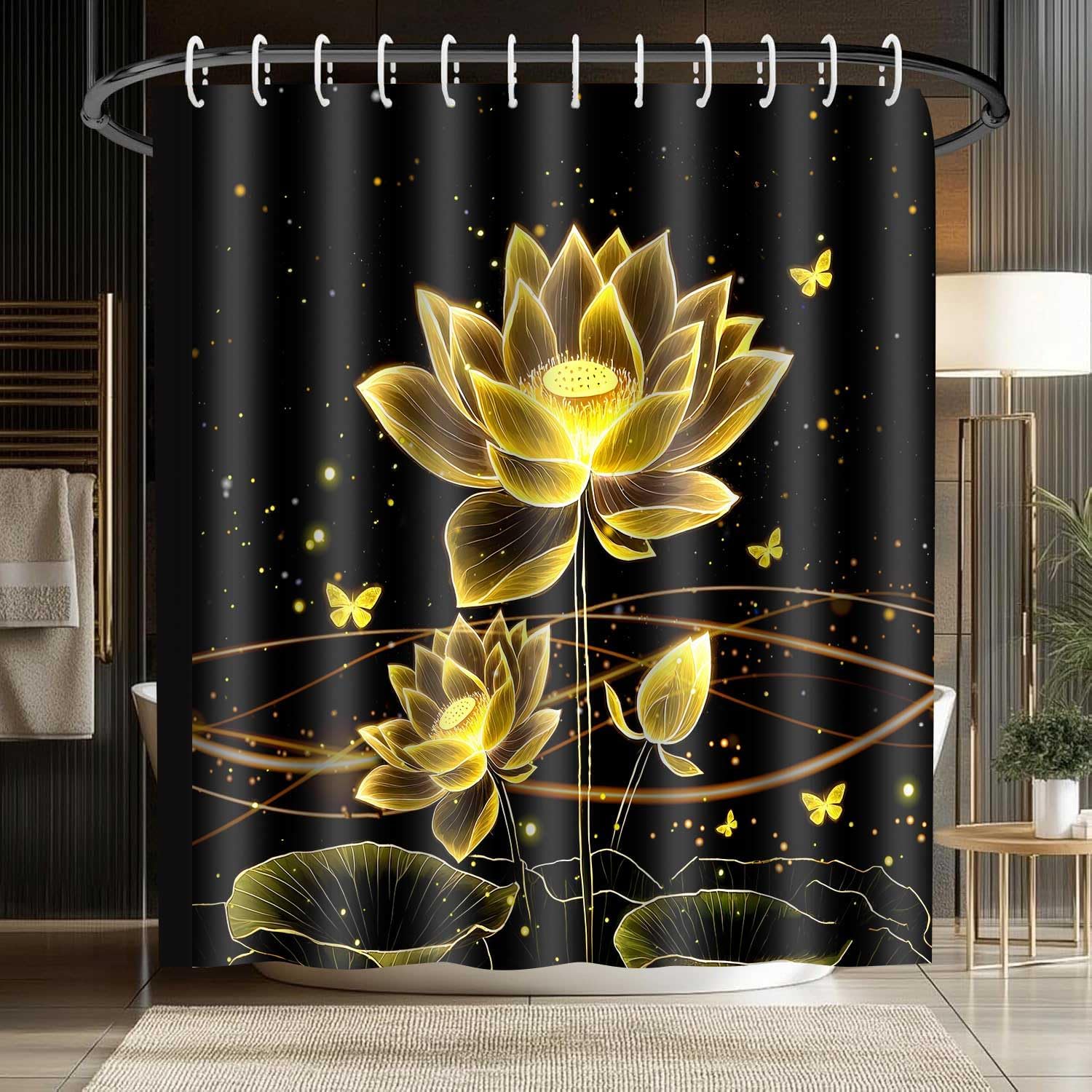 Black Gold Lotus Flower Shower Curtain, Butterfly Elegant Design, Modern Polyester Bath Curtain with Hooks W120xH180cm