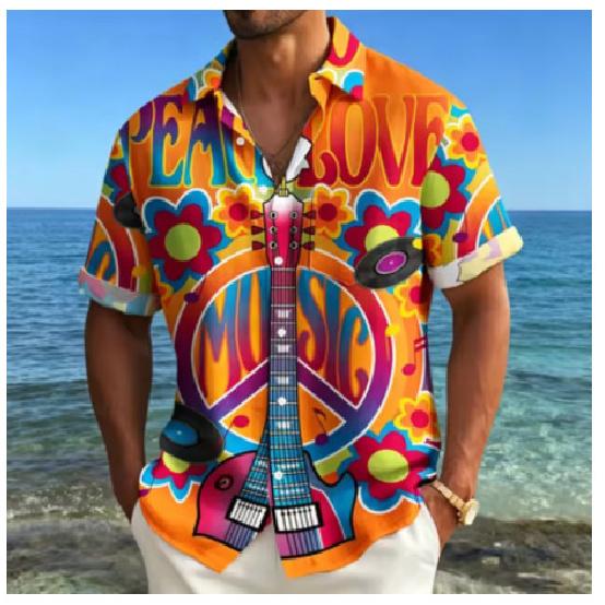 2026 Men's Short Sleeve Collar Guitar Hippie Top Shirt