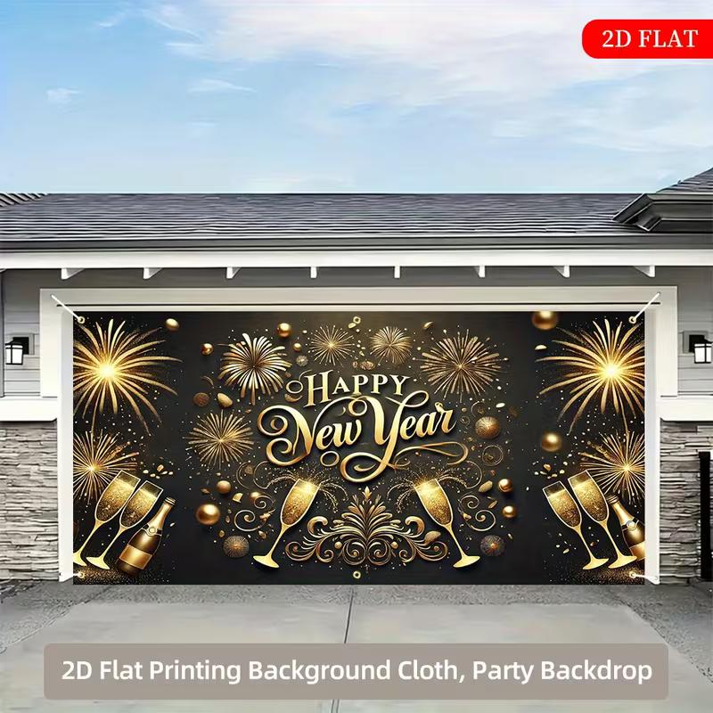 2D Black Gold New Year Fireworks Polyester Tapestry Party Background Cloth