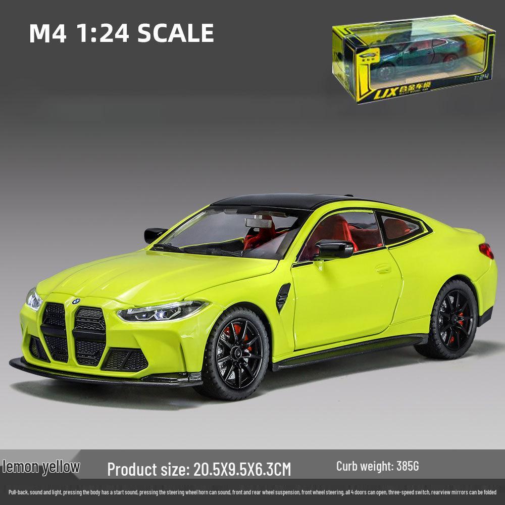 1:24 BMW M4 Diecast Car Model with Shock Absorption, Pull-Back, Steering, Sound, and Light Features.