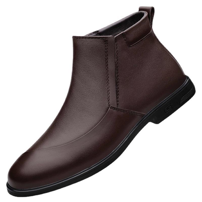 Autumn and winter men's shoes round head casual shoes business leather shoes men's first layer cowhide foot cover winter velvet snow boots men