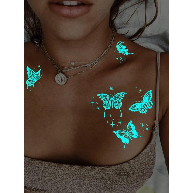 1 Sheets Luminous Glow In The Dark Body Art Temporary Tattoo Stickers, Moon Butterfly Botanical Pattern, Waterproof Fake Tattoo Sticker