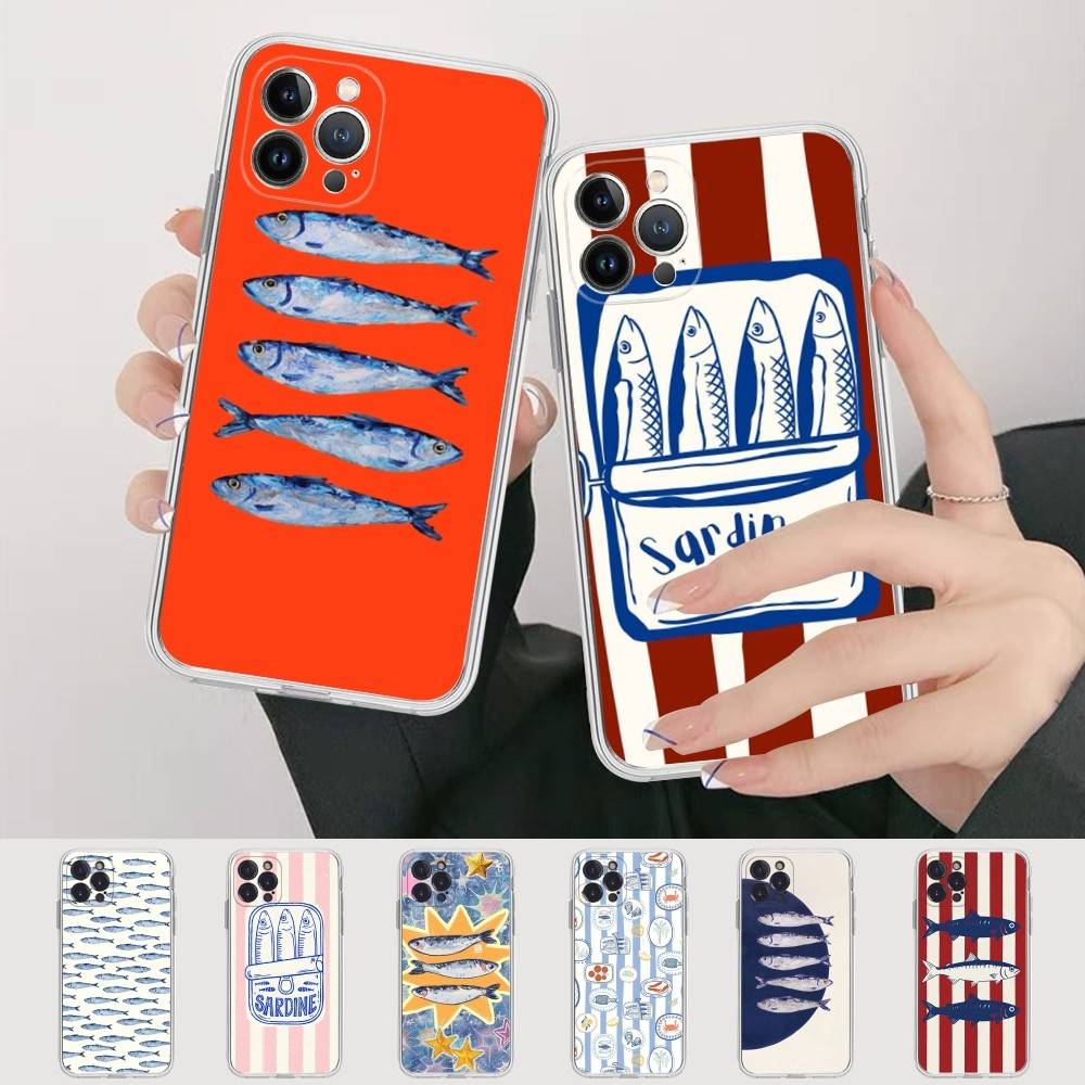 Sardines Retro Art Seafood For IPhone 17 16 15 14 13 12 Mini 11 Pro Max Transparent Case