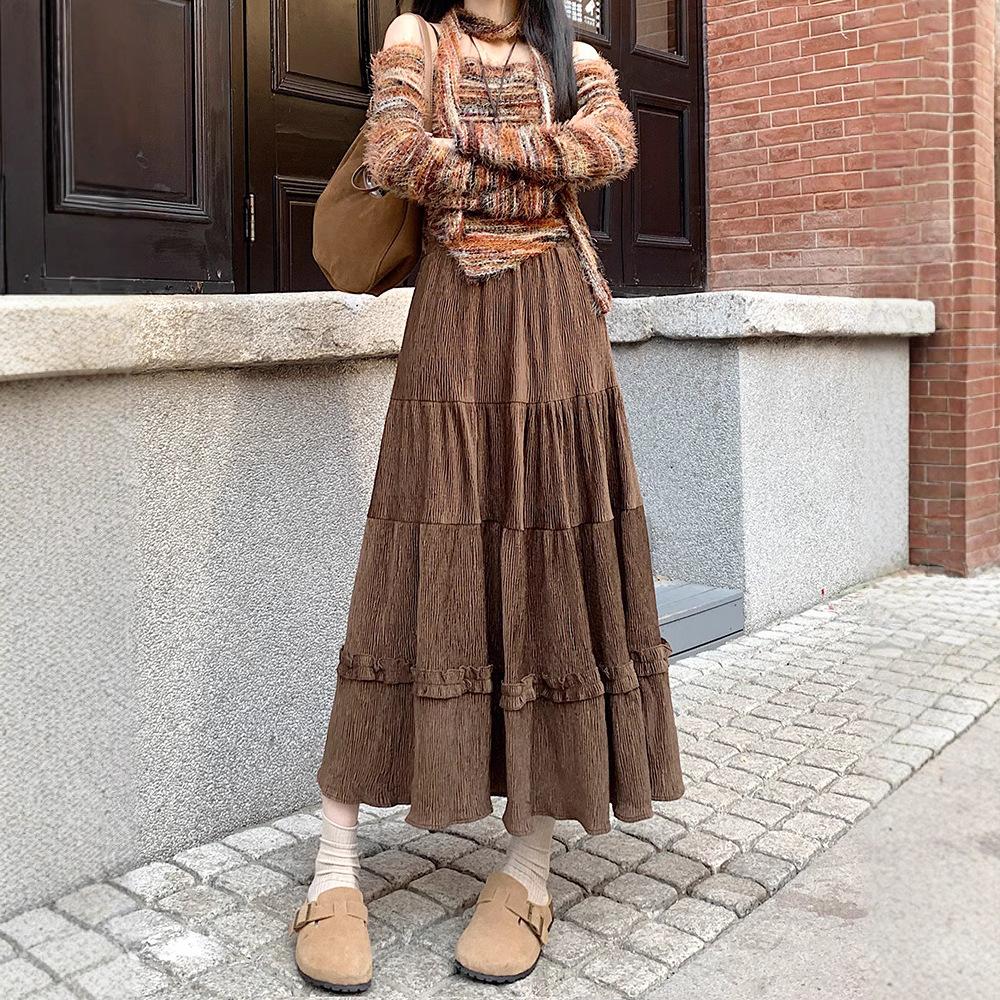 Korean Pleated Skirt Women Autumn Winter Corduroy Lace Trim High Waist Slimming A-Line Midi Flared Skirt