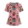 Women's Christmas Print V-Neck Double Pocket Short Sleeves Hem Slit Uniform And Caregiver Top