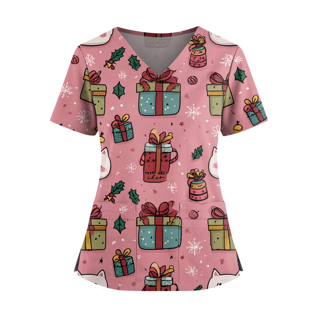 Women's Christmas Print V-Neck Double Pocket Short Sleeves Hem Slit Uniform And Caregiver Top