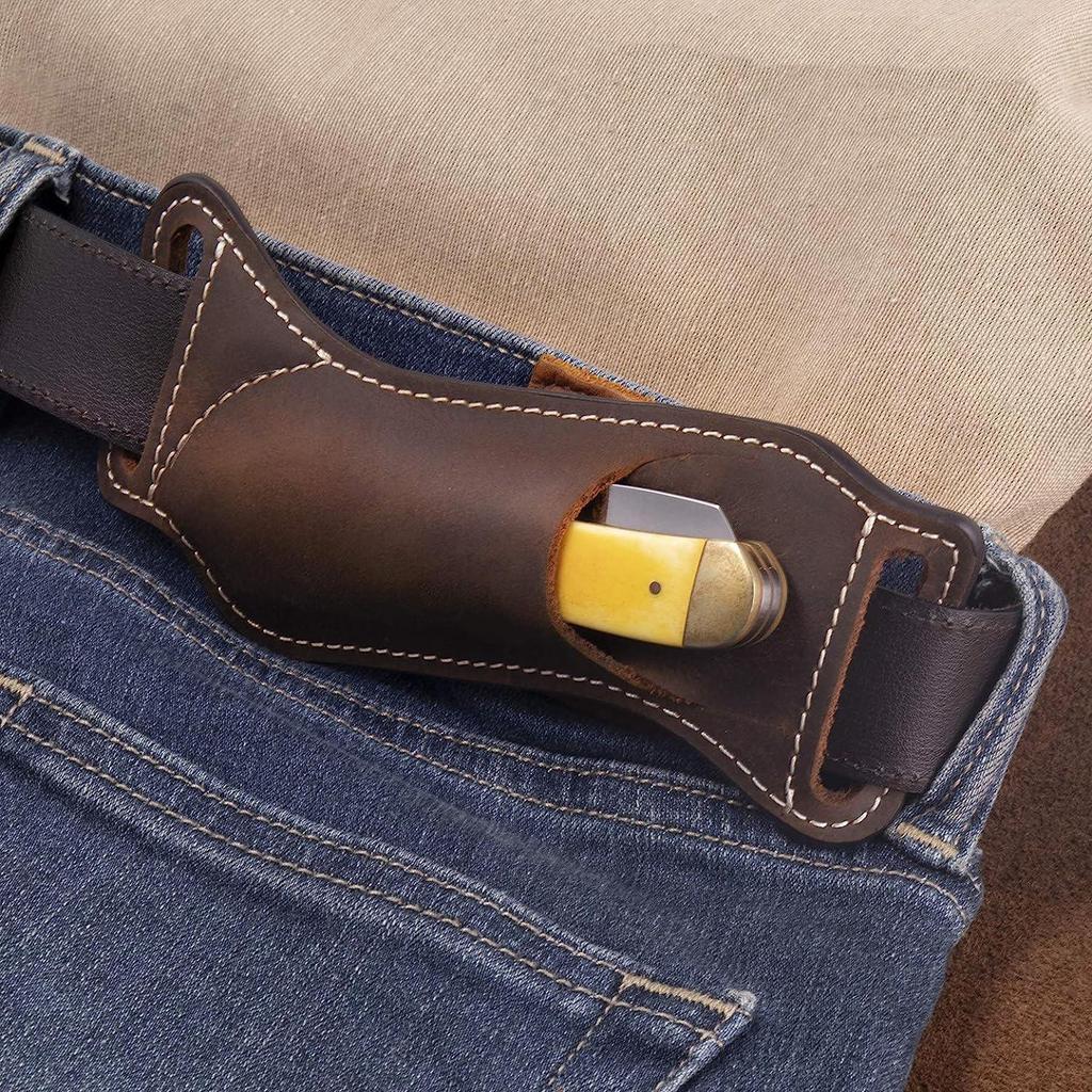 Outdoor Folding Knife Leather Sheath - Waist Hanging Holder for Small Knives