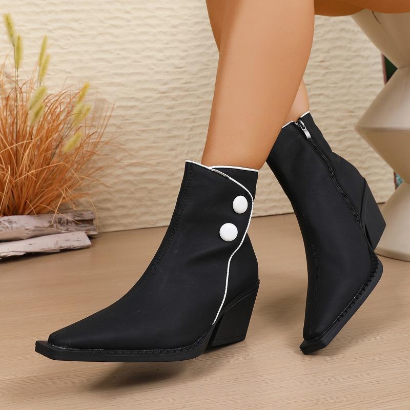 Fall New Single Boots Women's Pointed Toe Colorblock Side Zip Anti-Slip Wear-Resistant Block Heel Booties