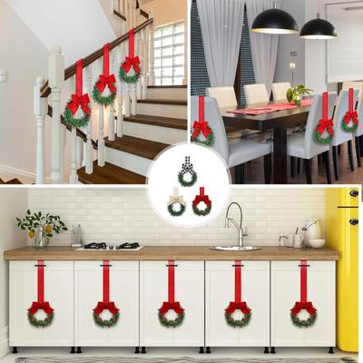Christmas Kitchen Cabinet Wreaths With Plaid Bow Ribbon Hanging Cabinet Doors Wreaths Decorative For Kitchen Window Outdoor Indoor Holiday Decor