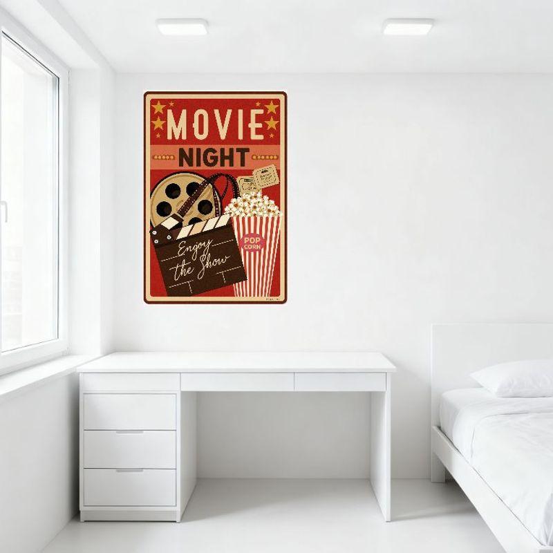Vintage Red Movie Night Metal Tin Sign with Film Reel, Clapperboard, Popcorn - Decor for Cinema Bar Man Cave Home Restaurant