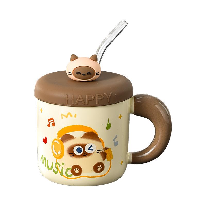 Kitten Couple Ceramic Mug with Lid Cup with Straw Water Cup Female Office Worker Cute Student Drinking Water for Home Use