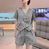 ZANZEA Damen Kurzarmbluse und Shorts Sommer Karomuster Zweiteilige Sets