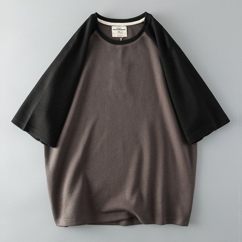 American Raglan Patchwork Contrast Color Men Short Sleeve T-Shirt Men's Pure Cotton 300G Heavy Weight Export Export Menswear T-shirt