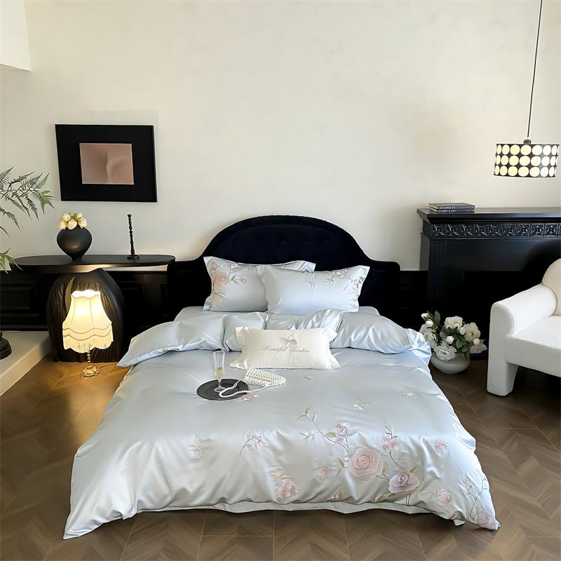

Pink Flowers Embroidery Luxury Brocade Egyptian Cotton Soft Silky Bedding Set Duvet Cover Flat/Fitted Bed Sheet Pillowcase 4Pcs Queen 200X230cm 4pcs синій