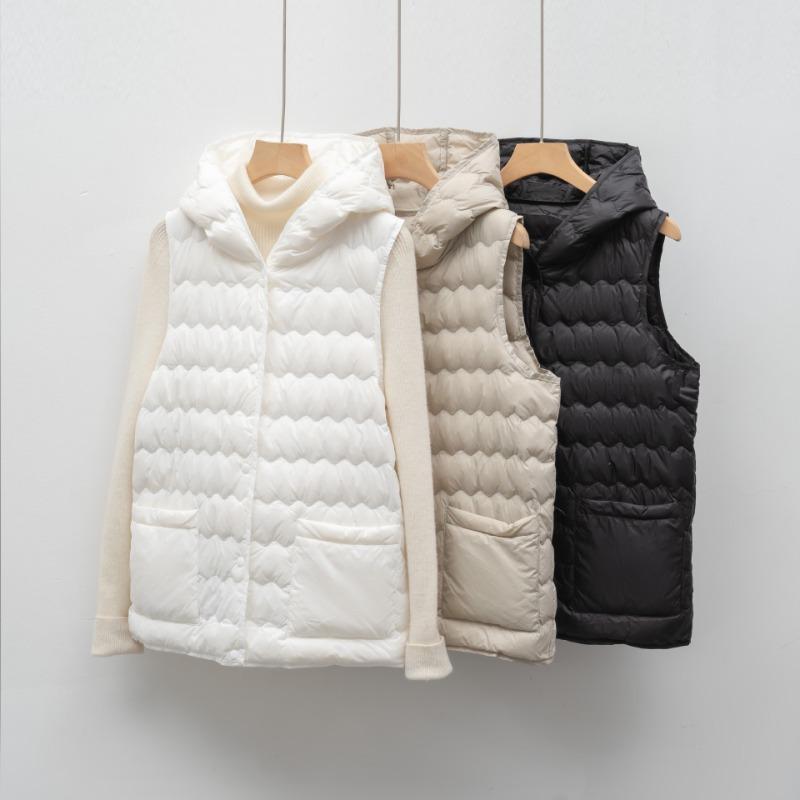 Dunjakke ny nasjonal standard 90 dun høst og vinter ny lett og tynn hettevest dame enkel dunfôr