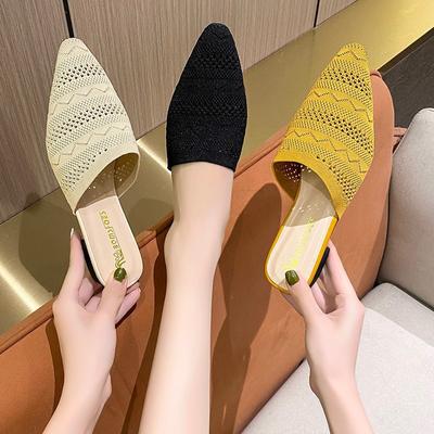 Sommer Frauen Gelb Schwarz Gestrickte Rutschen Maultiere Neue Elegante Mesh Atmungsaktive Med Heel Hausschuhe Geschlossene Zehe Rutschen Party Schuhe
