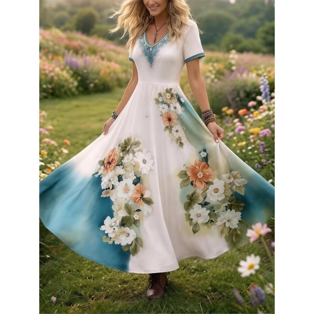 Женское винтажное платье с цветочным градиентным узором, вырезом V и коротким рукавом 1XL