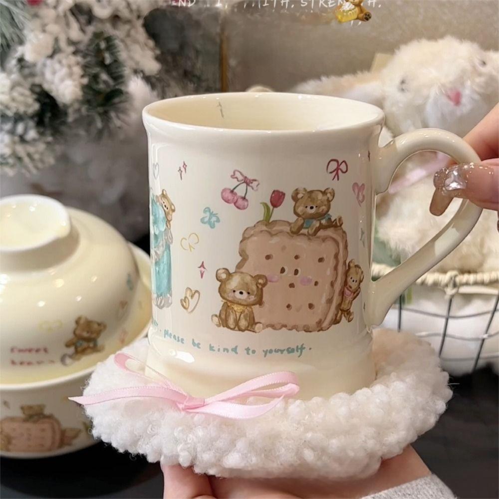 Cute Ceramic Little Bear Biscuits Mug Hand Drawn Cream Style Coffee Cup Instant Noodles Bowl Office