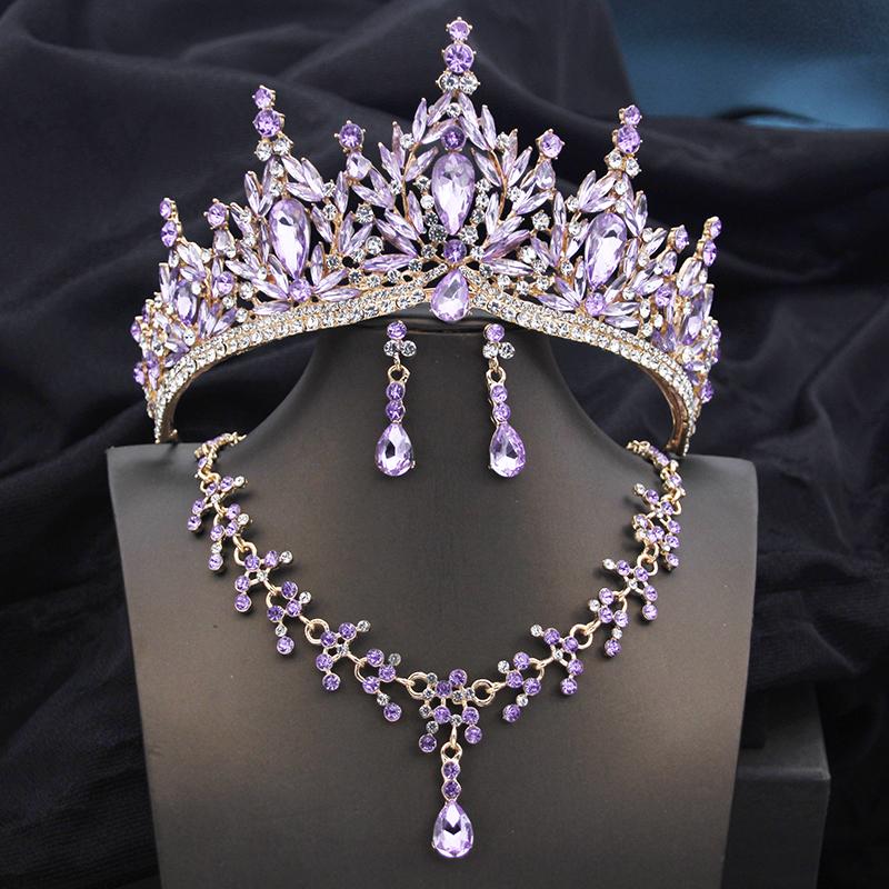 Queen Bridal Jewelry Sets for Women Pink Tiara Wedding Dress Crown With Necklace Earring Set Party Birthday Costume Accessories