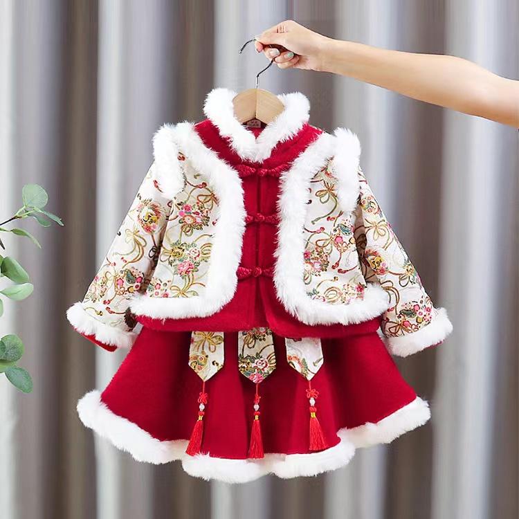 Зимнее стеганое платье Детский костюм Ребенок Дети Карнавальный Косплей Костюм Китайский Древний Ханьфу Девочки Ханьфу Год 80cm красный