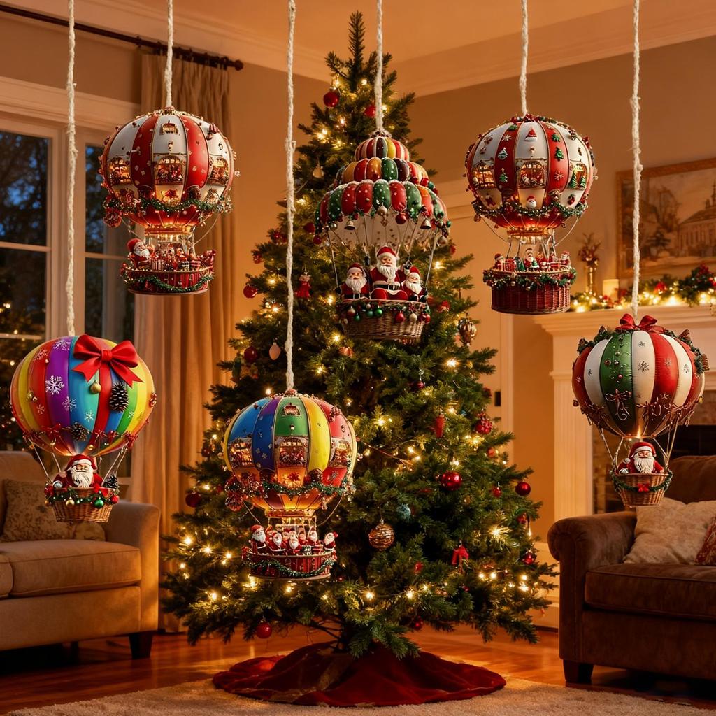 10PCS Christmas Tree Ornament 2D Acrylic Holiday Decoration Santa Hot Air Balloon Ornament for Window Bedroom Living Room