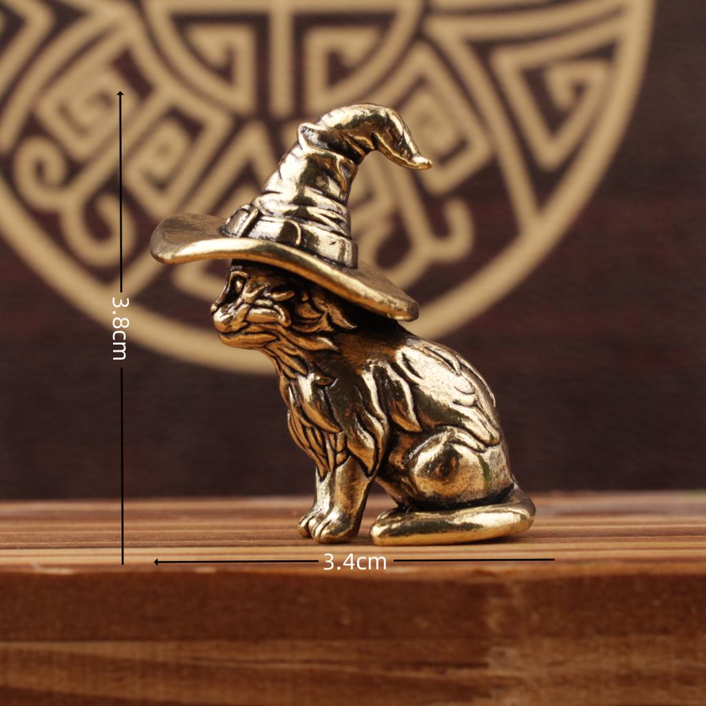 Cute Sorcerer Cat Small Statue Creative Solid Brass Childish Animal Kitten Miniature Figurine Ornaments Retro Home Decors